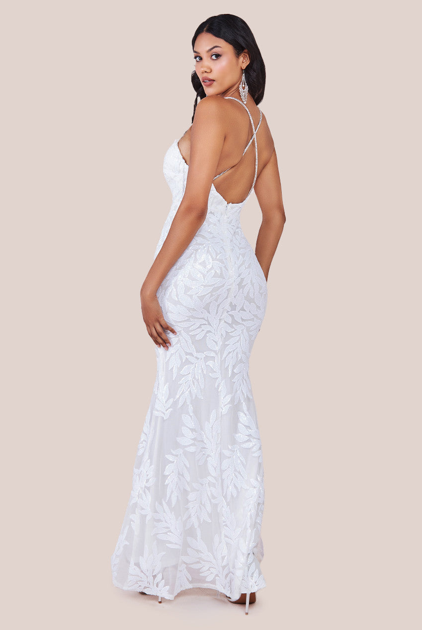 Cross Back Diamante Strap Sequin Maxi - White DR4009W