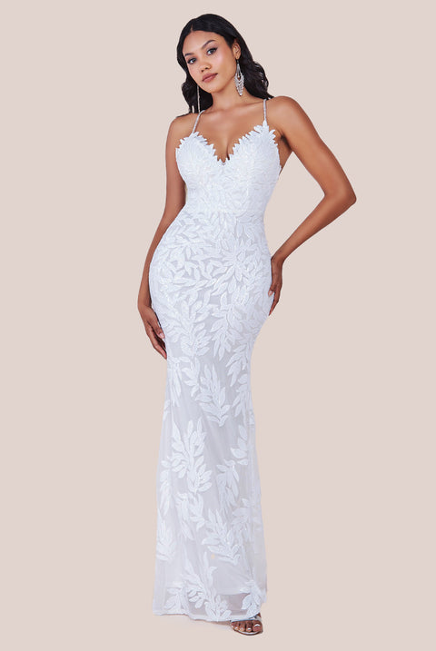 Cross Back Diamante Strap Sequin Maxi - White DR4009W