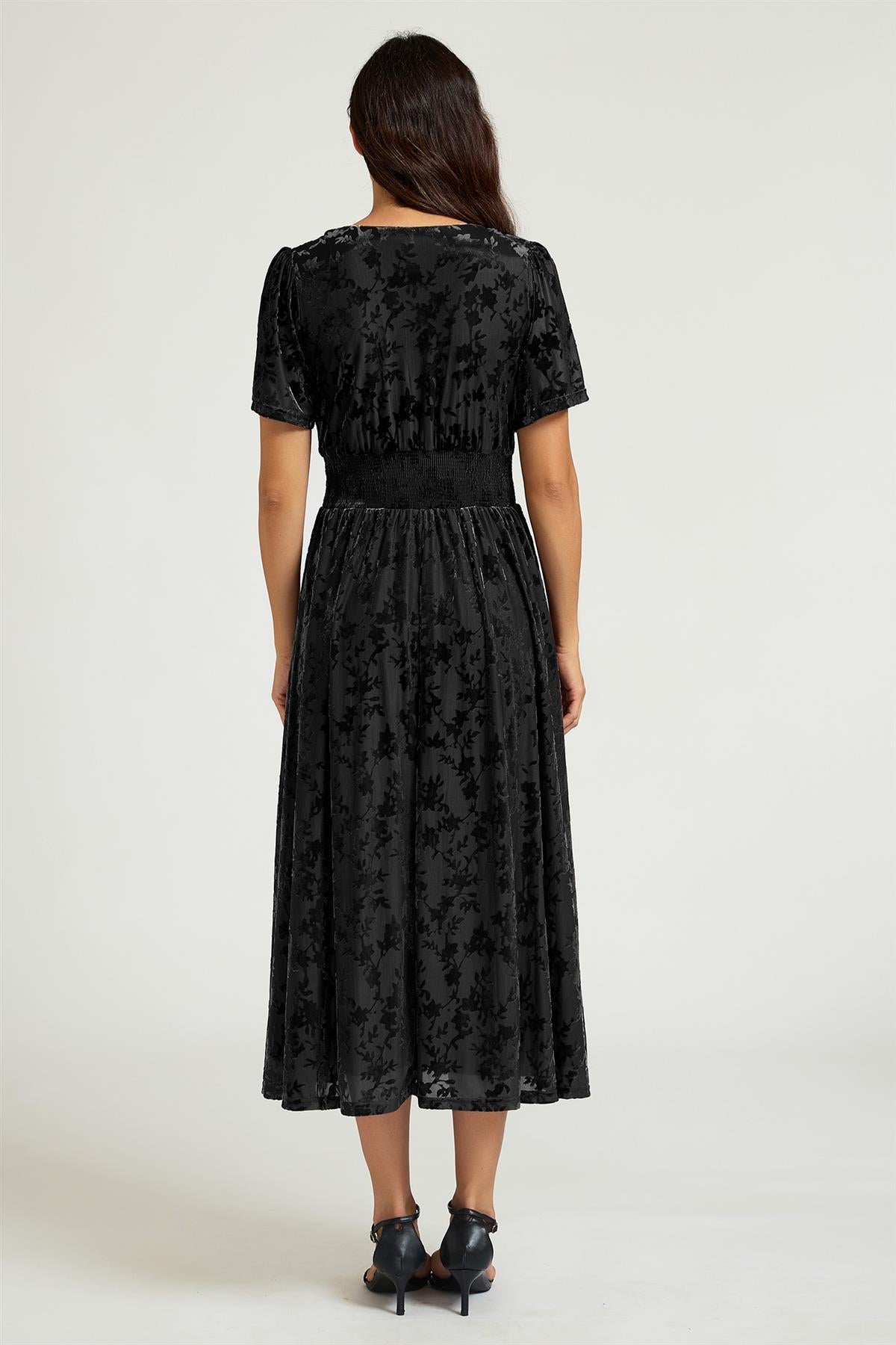 Black Velvet Burnout V-Neck Angel Sleeve Midi Dress FS955