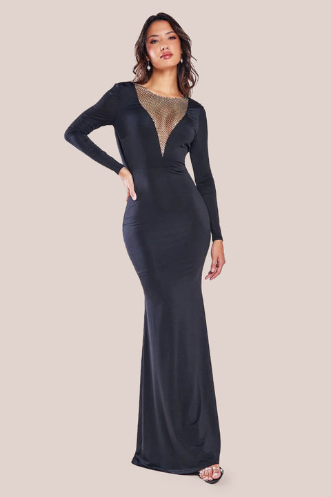 Diamante Fishnet Cowl Back Maxi - Black DR4068