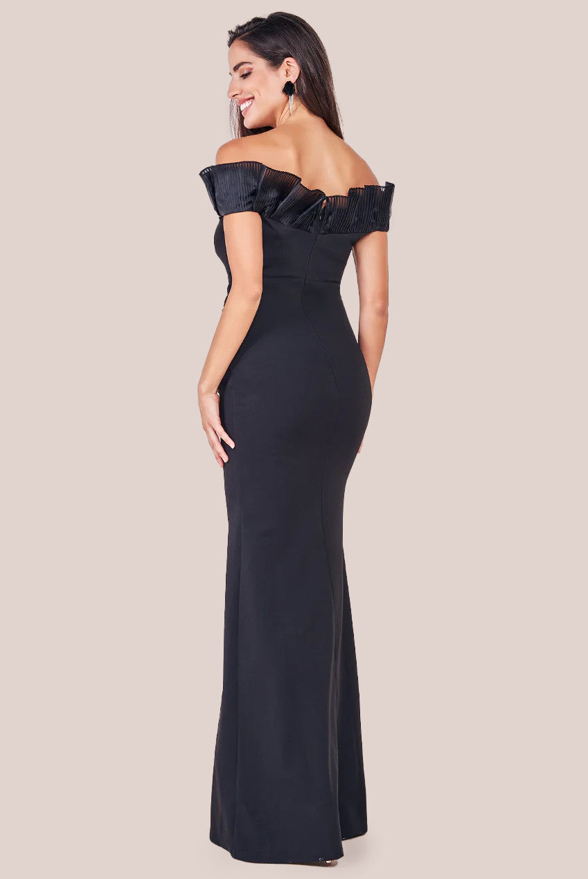 Fan Pleated Bardot Scuba Crepe Maxi - Black DR4070