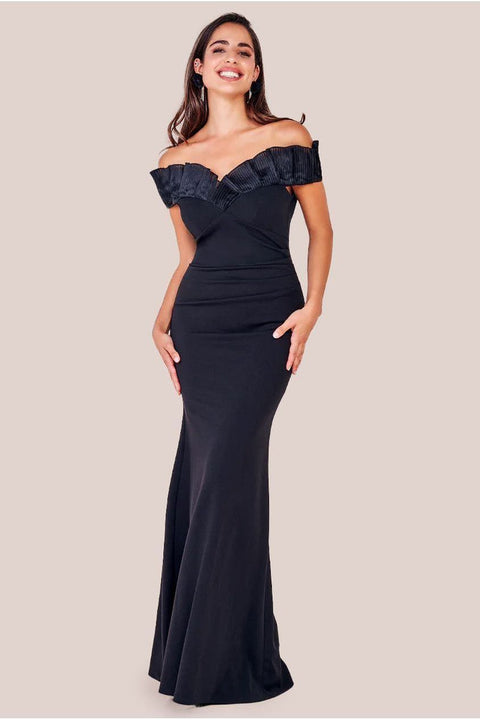 Fan Pleated Bardot Scuba Crepe Maxi - Black by Goddiva