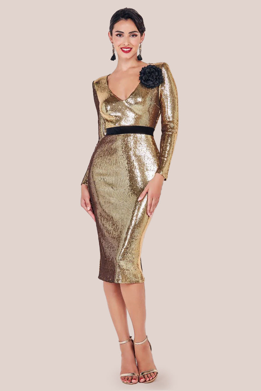 Liquid Sequin Midi With Corsage - Gold DR4072