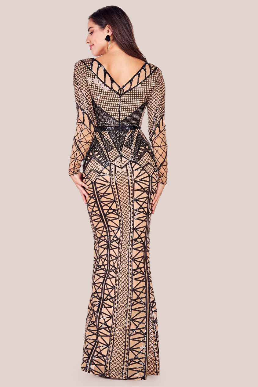 Geometric Sequin Plunge Maxi - Black DR4081