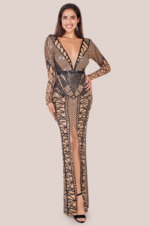 Geometric Sequin Plunge Maxi - Black DR4081