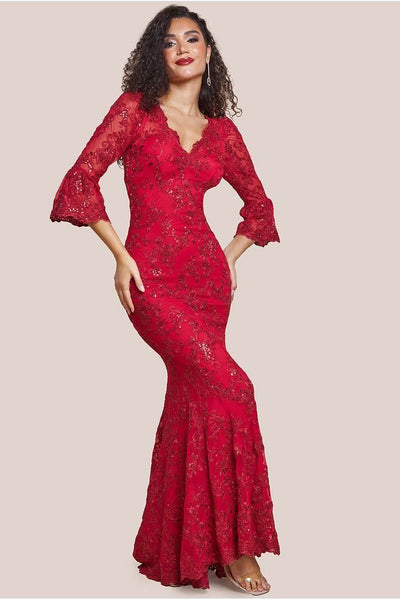 Red - Scalloped Lace Maxi Dress - Red by Goddiva