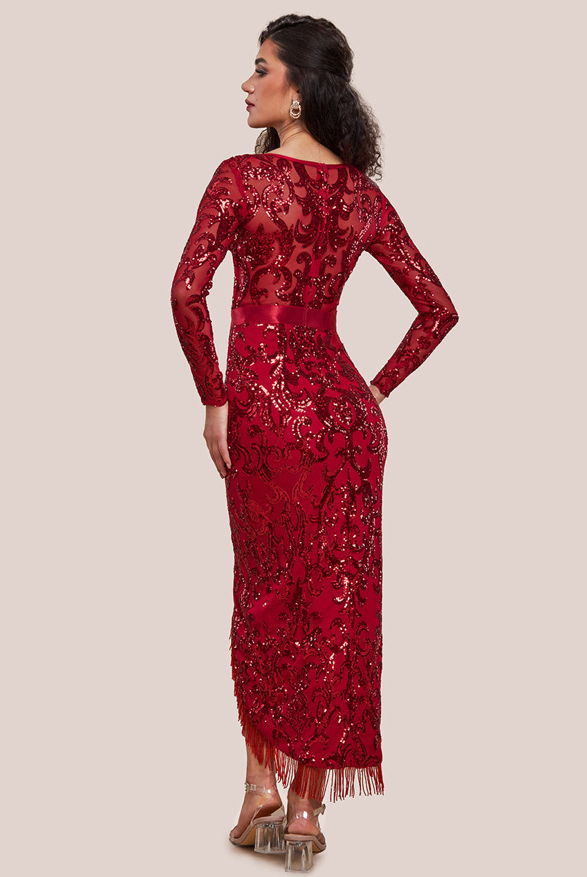 Tassel & Sequin Maxi With Front Split - Red DR4006