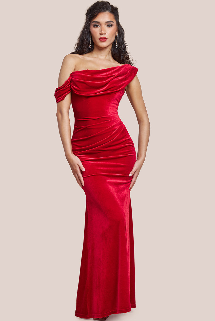 Cowl One Shoulder Velvet Maxi Dress - Red DR4504