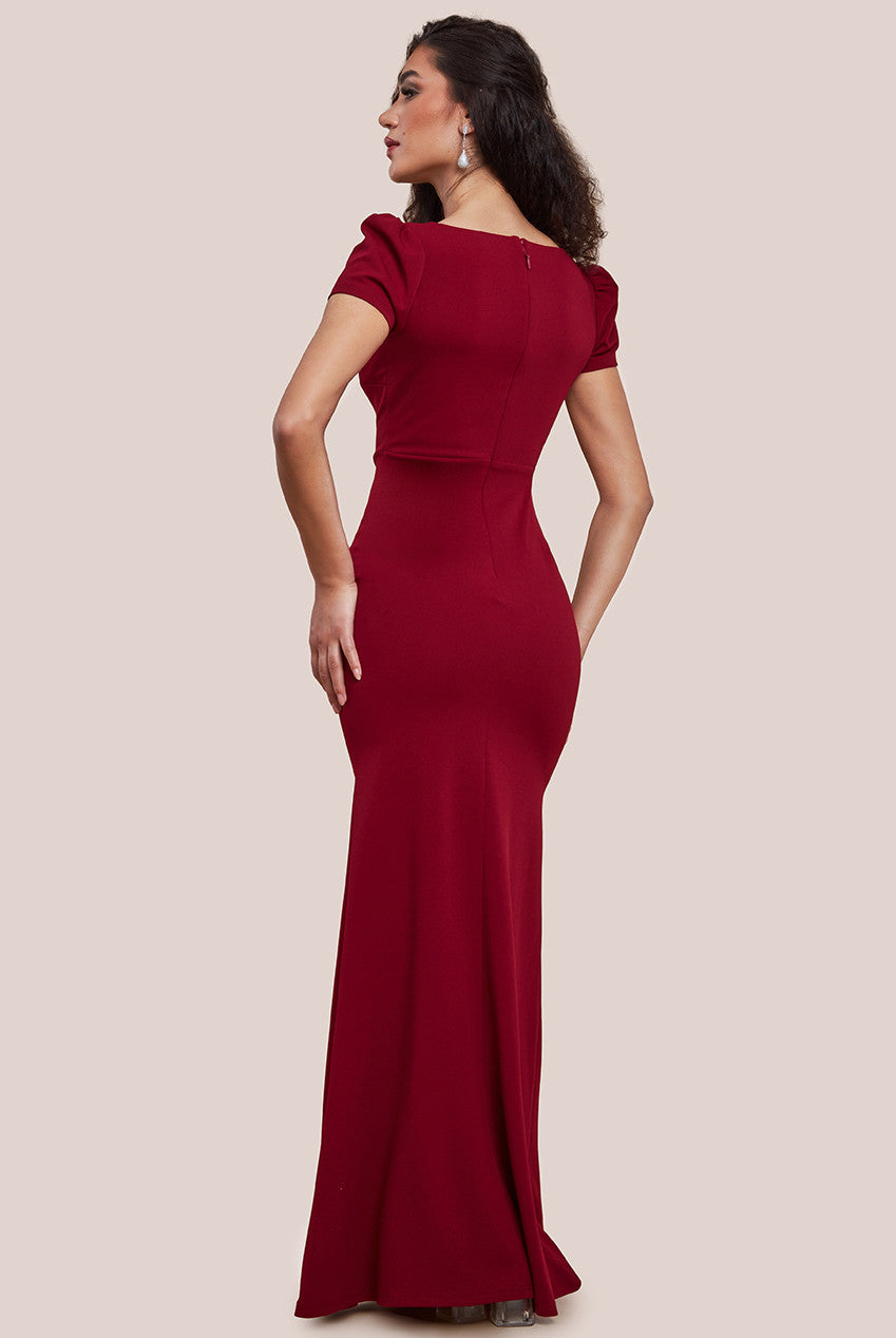 Diamante Embellished Bow Scuba Crepe Maxi Dress - Wine DR4493