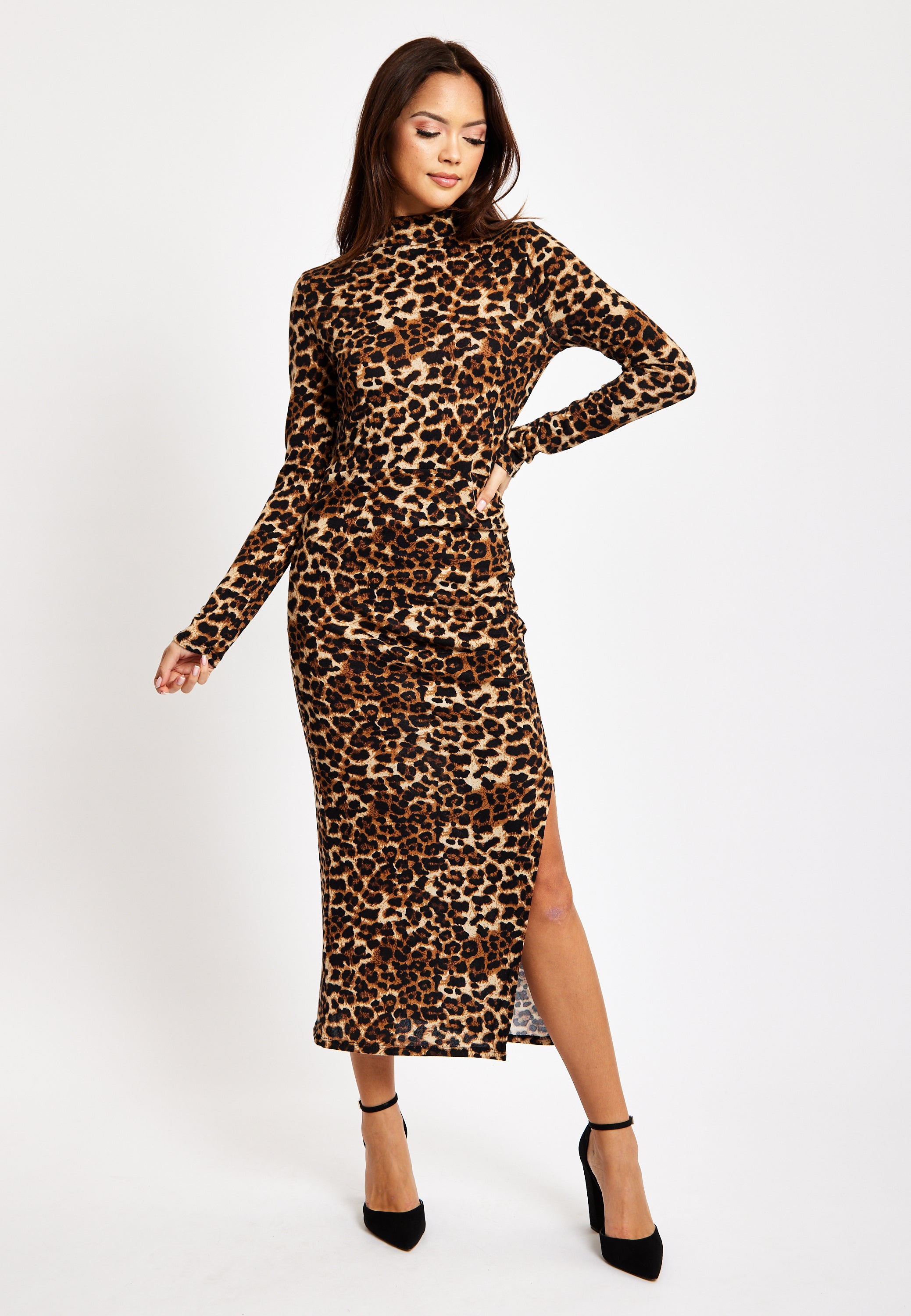 Brushed Knit Leopard Print Midi Dress With Front Slit LIQ23AW076LE