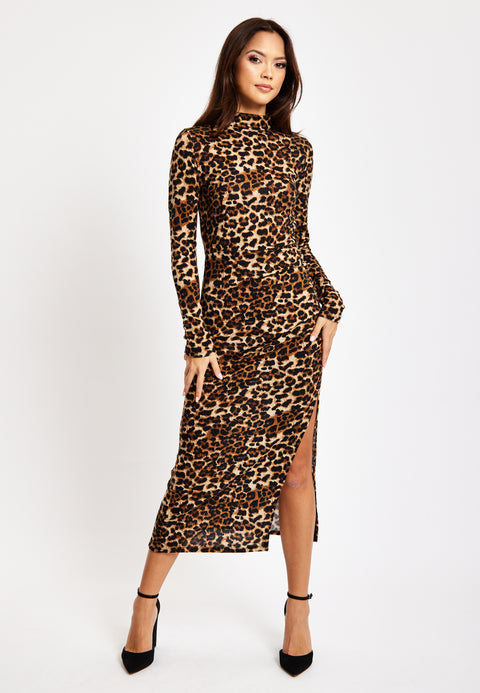 Brushed Knit Leopard Print Midi Dress With Front Slit by Liquorish