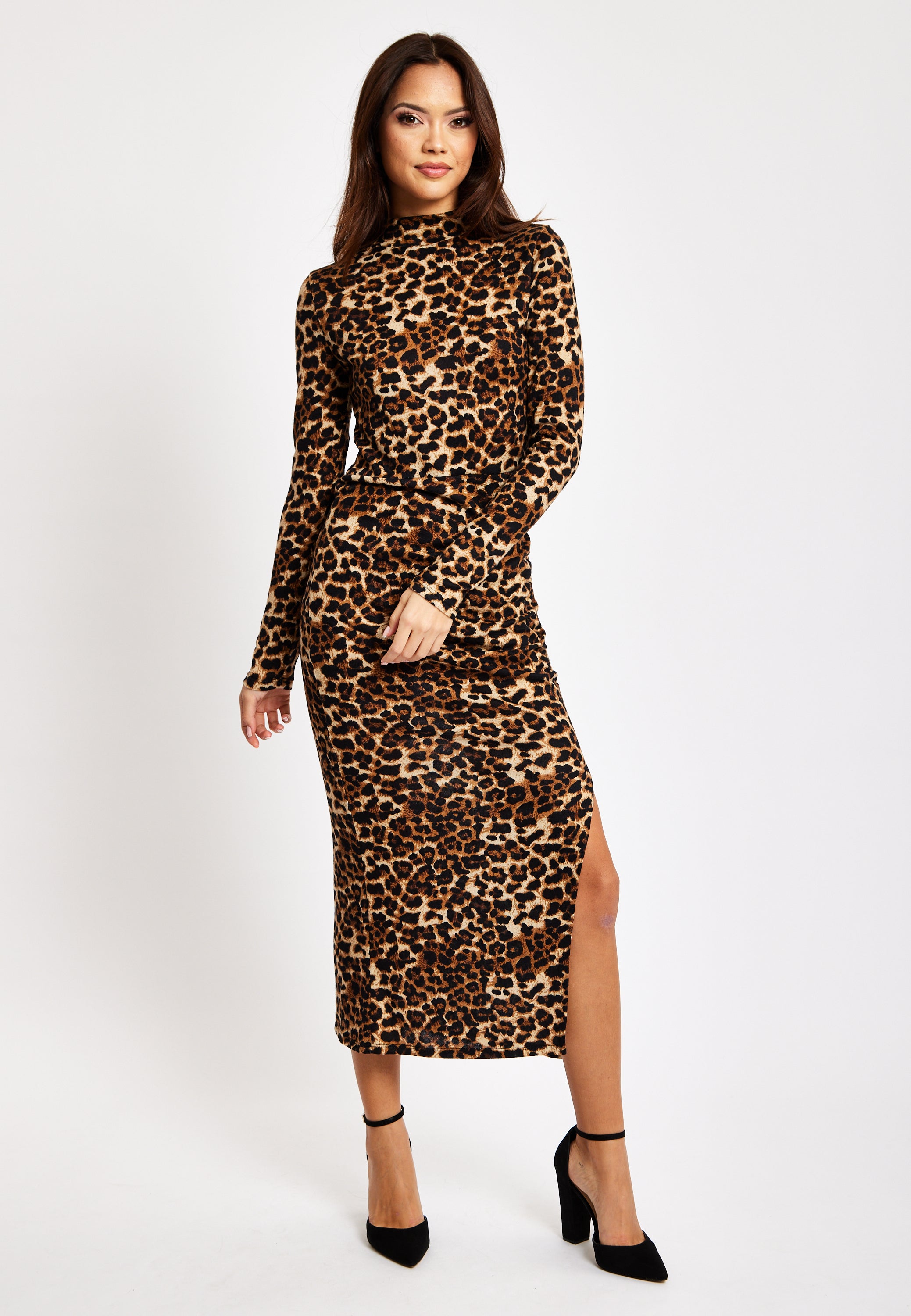 Brushed Knit Leopard Print Midi Dress With Front Slit LIQ23AW076LE