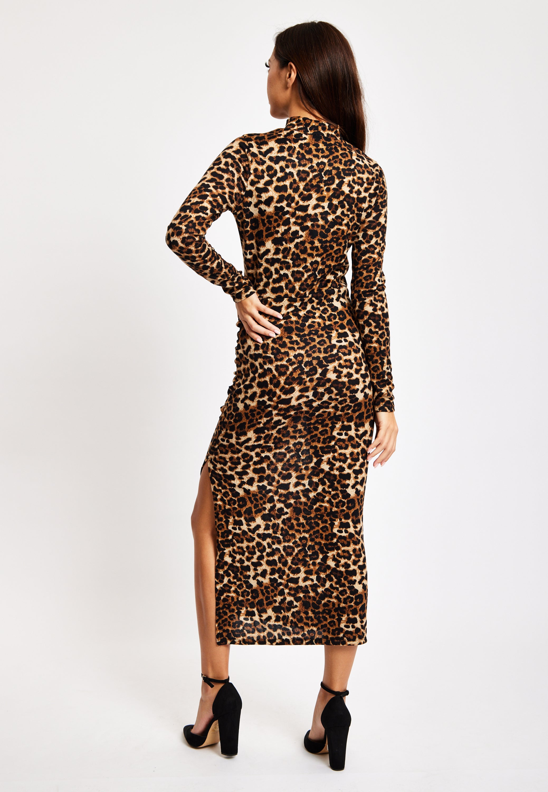Brushed Knit Leopard Print Midi Dress With Front Slit LIQ23AW076LE