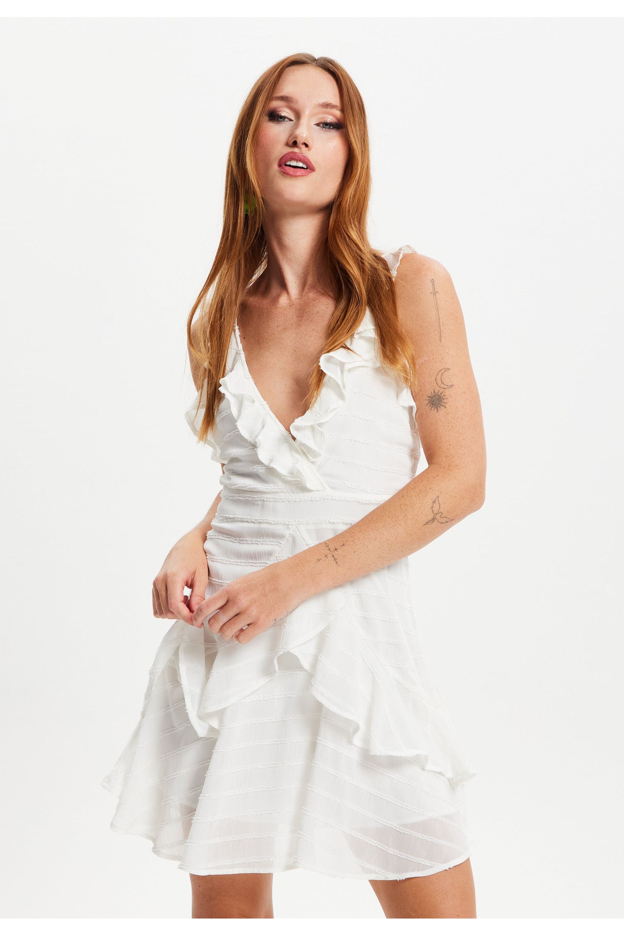 Layered Frill Textured Mini Summer Dress In White DML025002