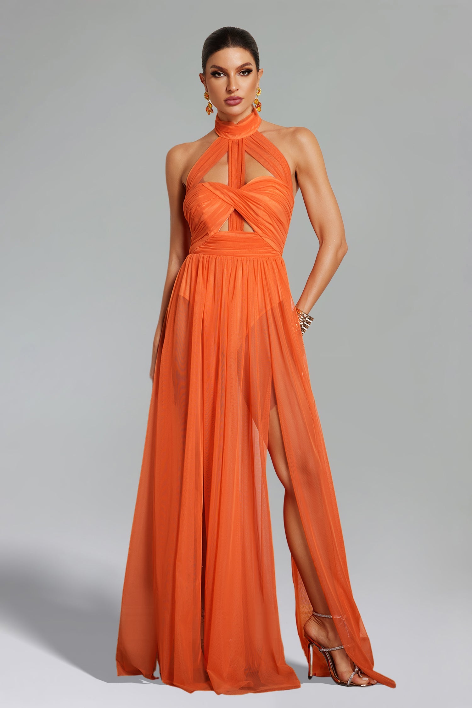 Rivka Halterneck Twist Mesh Maxi Dress D240803201