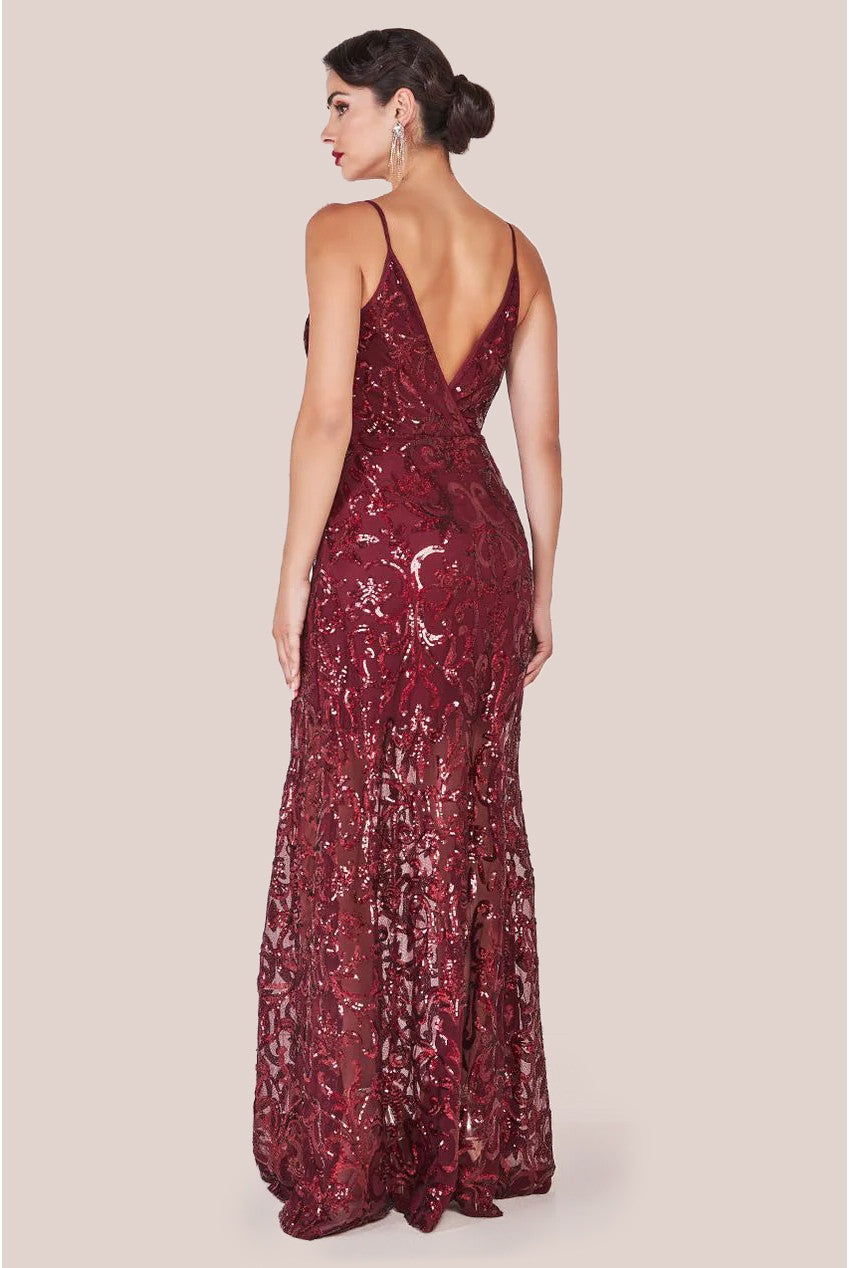 Iridescent Sequin Maxi With Front Split - Burgundy DR3986