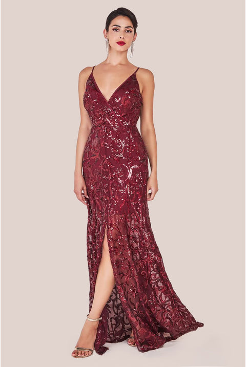 Iridescent Sequin Maxi With Front Split - Burgundy by Goddiva