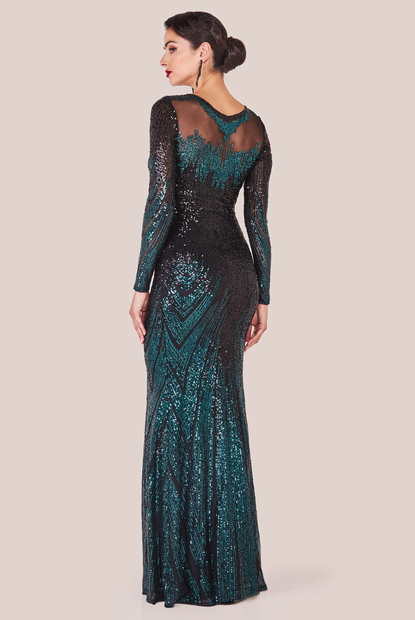 Long Sleeve Aztec Sequin Maxi Dress - Emerald Green DR3490