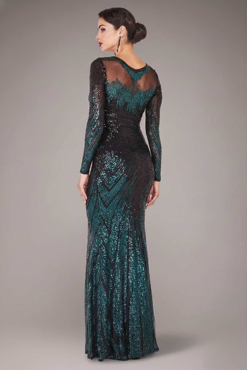 Long Sleeve Aztec Sequin Maxi Dress - Emerald Green DR3490
