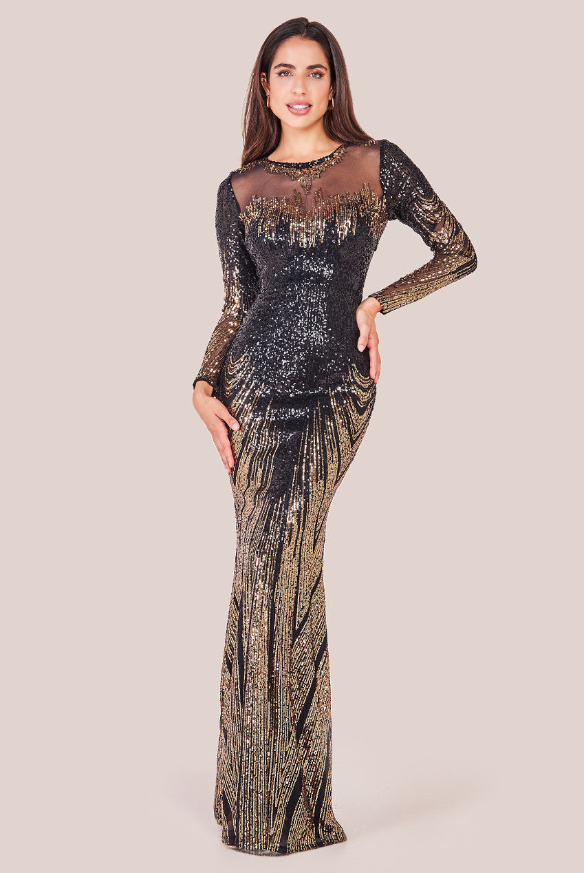 Long Sleeve Aztec Sequin Maxi Dress - Gold DR3490