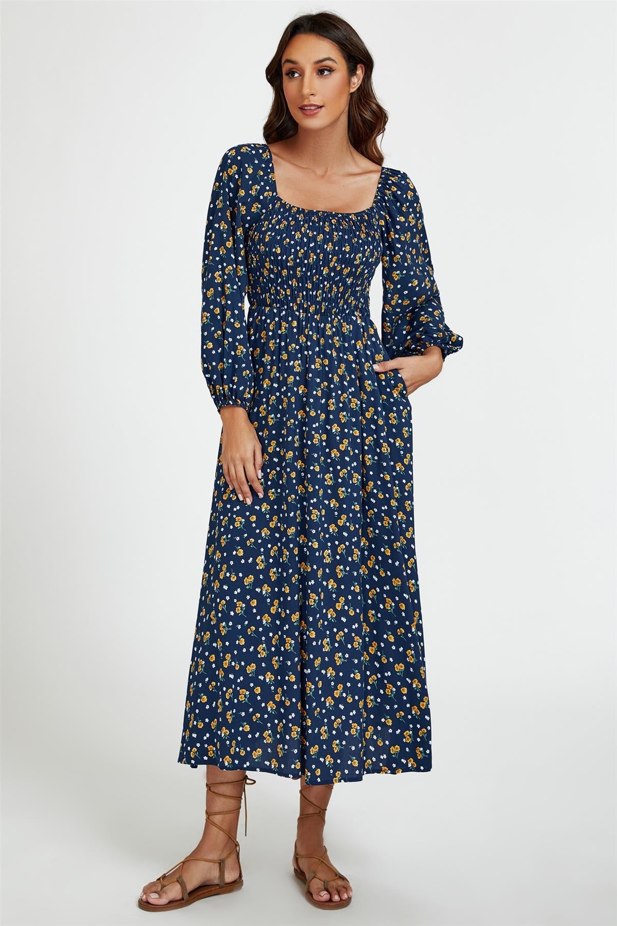 Floral Print Square Neck Maxi Dress In Dark Blue FS794-DBYF