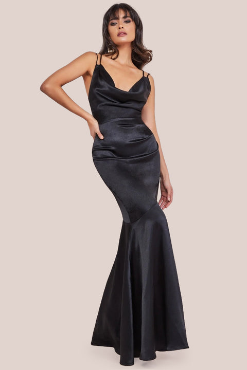 Cowl Neck With Strappy Back Satin Maxi - Black DR2113