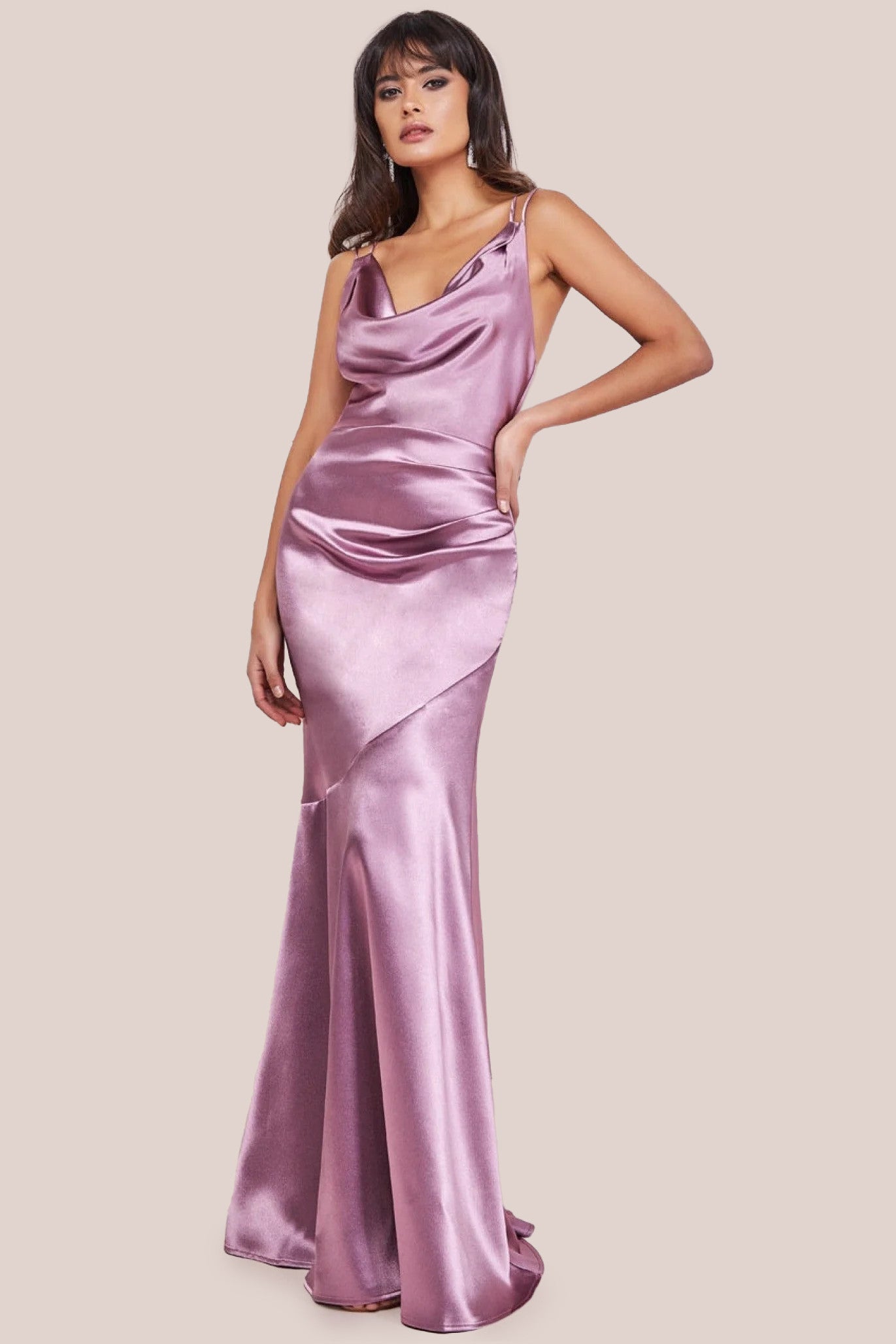 Cowl Neck With Strappy Back Satin Maxi - Blush DR2113