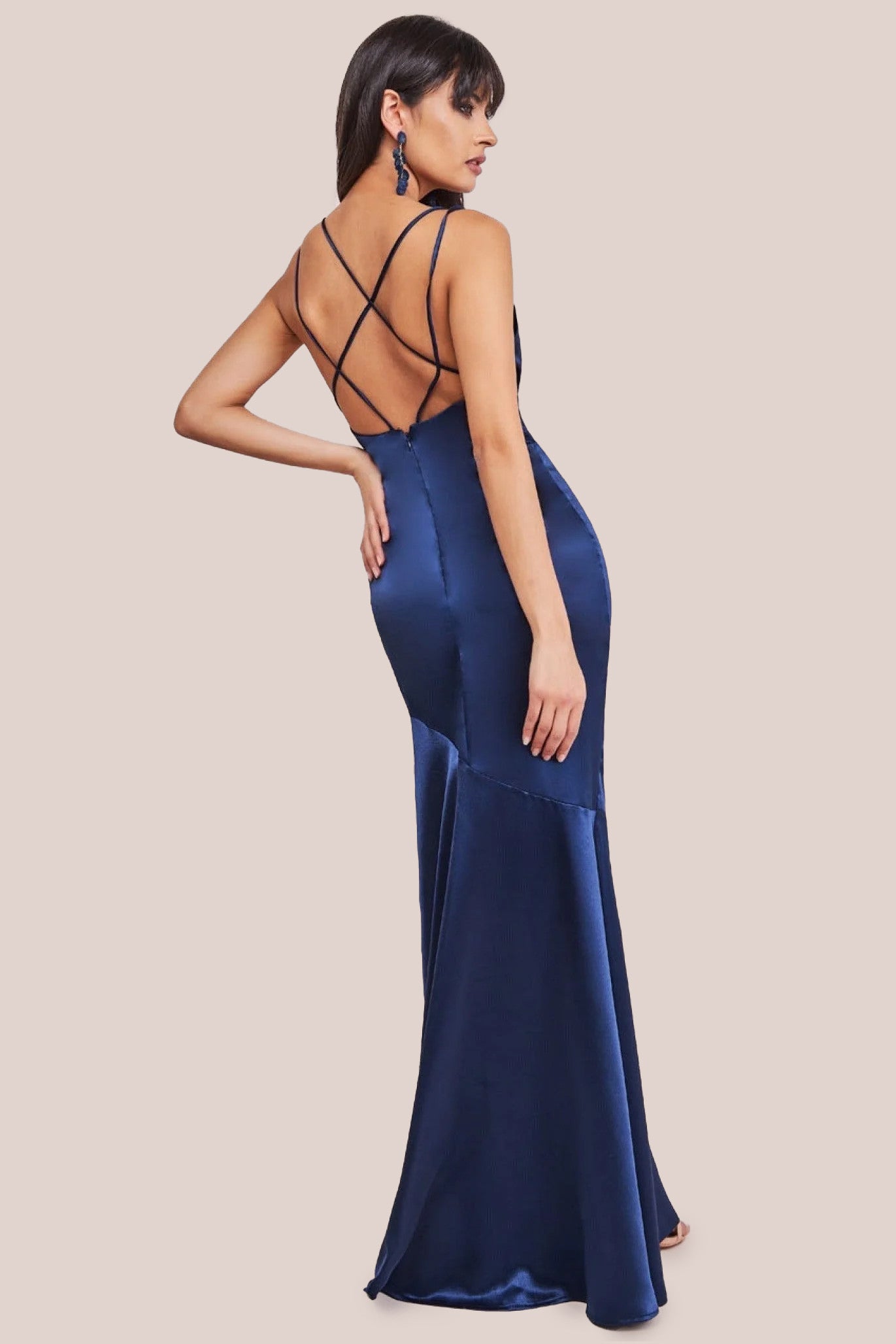 Cowl Neck With Strappy Back Satin Maxi - Navy DR2113