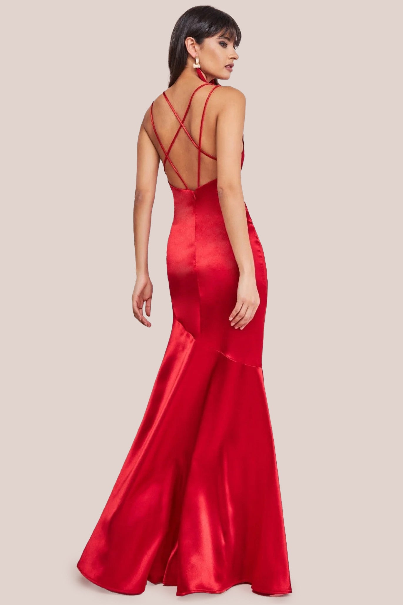 Cowl Neck With Strappy Back Satin Maxi - Red DR2113