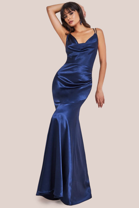 Cowl Neck With Strappy Back Satin Maxi - Navy DR2113