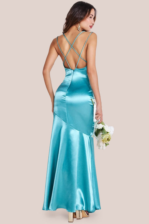 Satin Cowl Neck With Strappy Back Maxi - Aqua by Goddiva