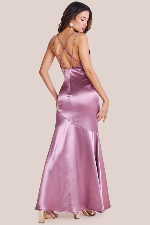 Satin Cowl Neck With Strappy Back Maxi - Pink by Goddiva