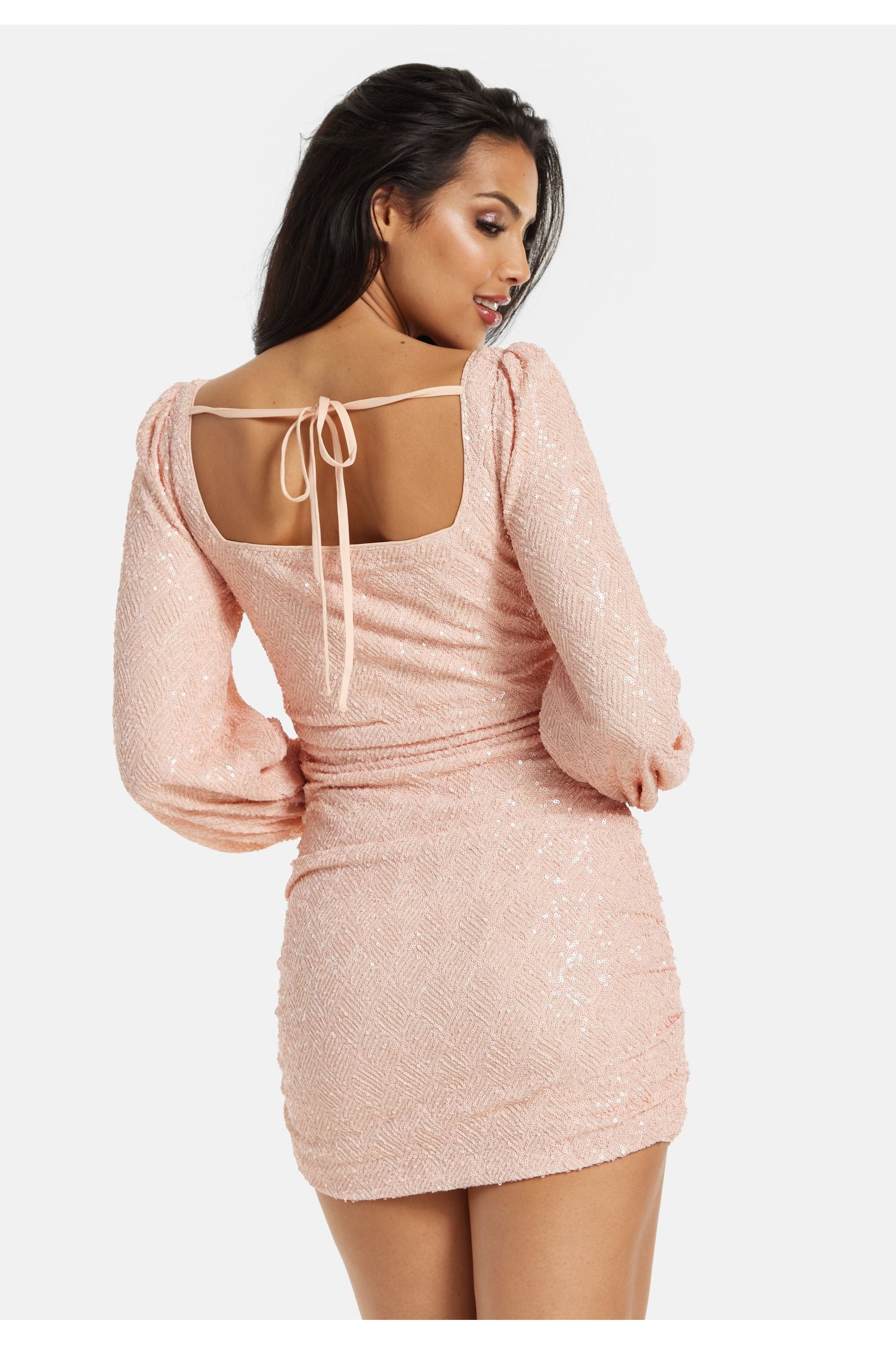 Pink Sequin Long Sleeve Cut Out Mini Dress DML032