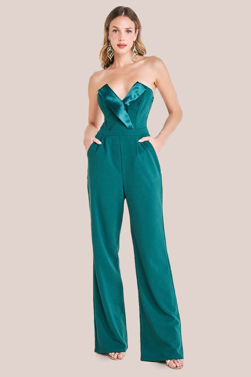 Satin Collar Scuba Jumpsuit - Emerald Green TR299