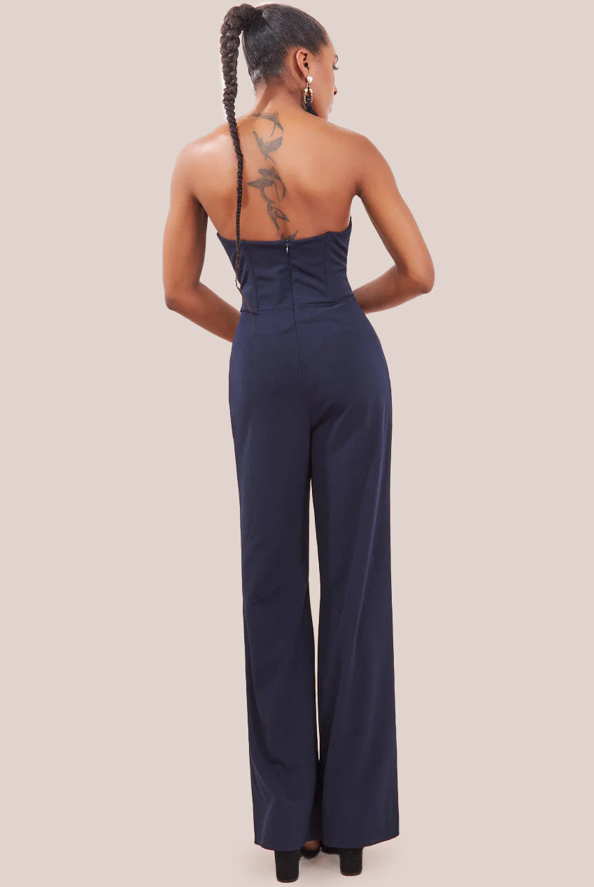 Satin Collar Scuba Jumpsuit - Navy TR299