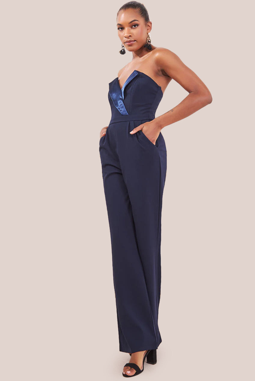 Satin Collar Scuba Jumpsuit - Navy TR299