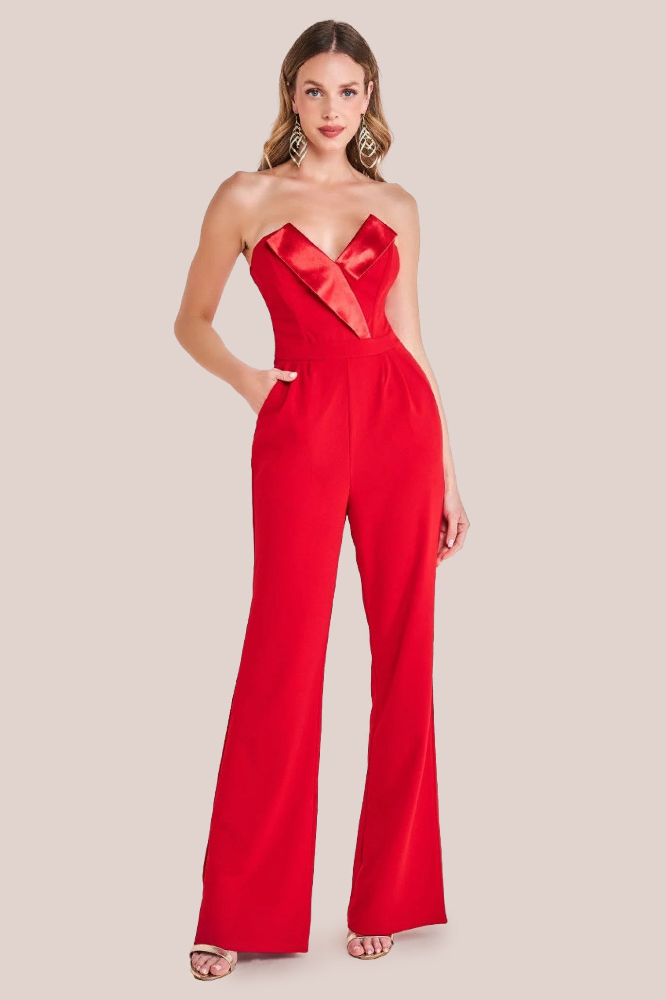 Satin Collar Scuba Jumpsuit - Red TR299