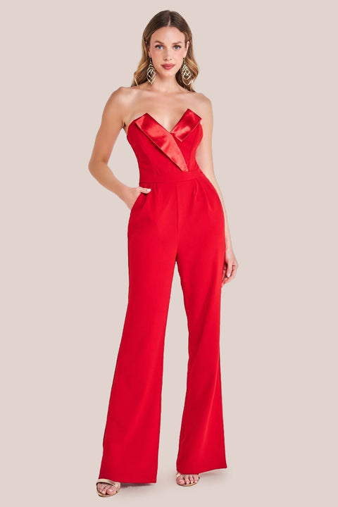 Goddiva Satin Collar Scuba Jumpsuit - Red