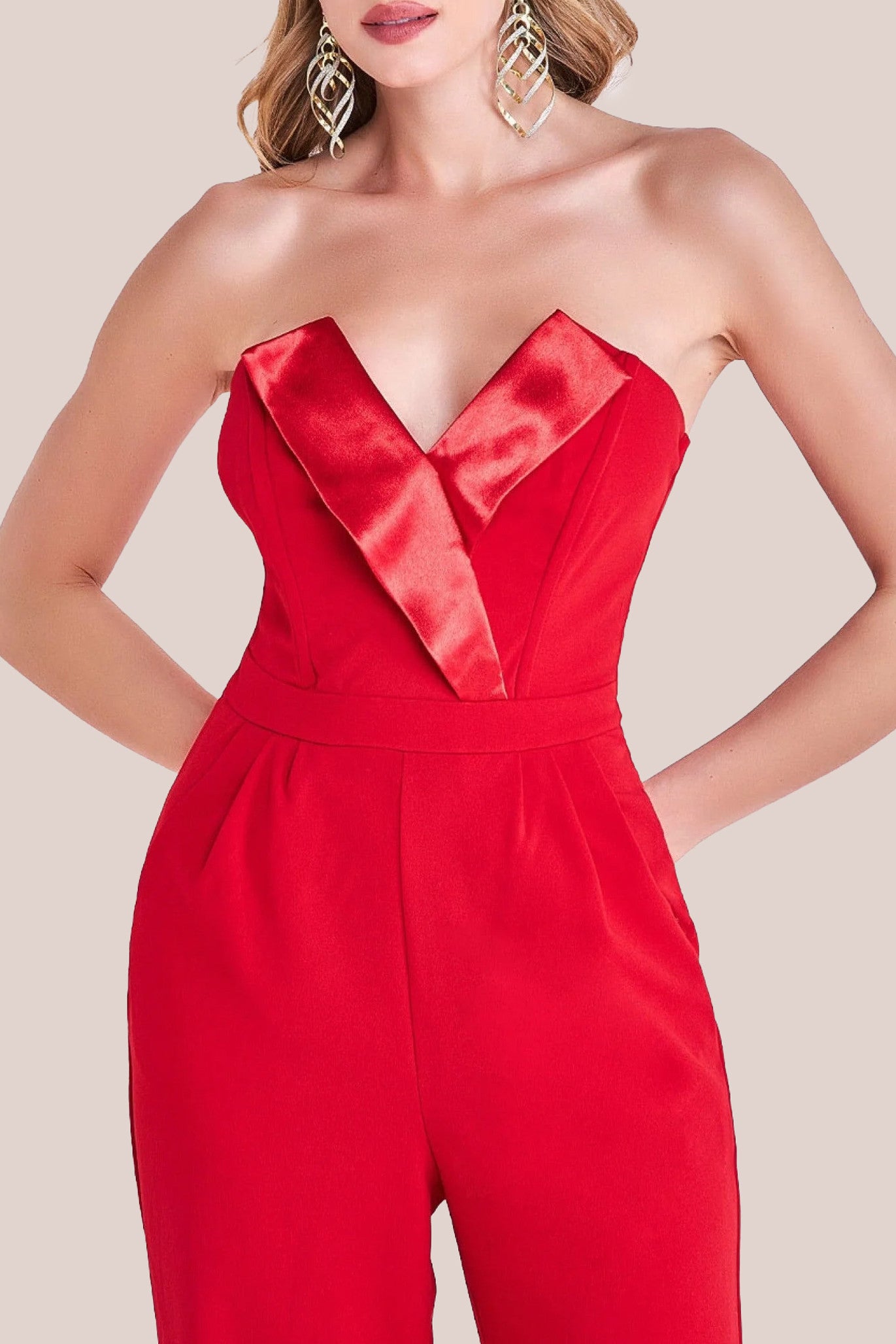 Satin Collar Scuba Jumpsuit - Red TR299