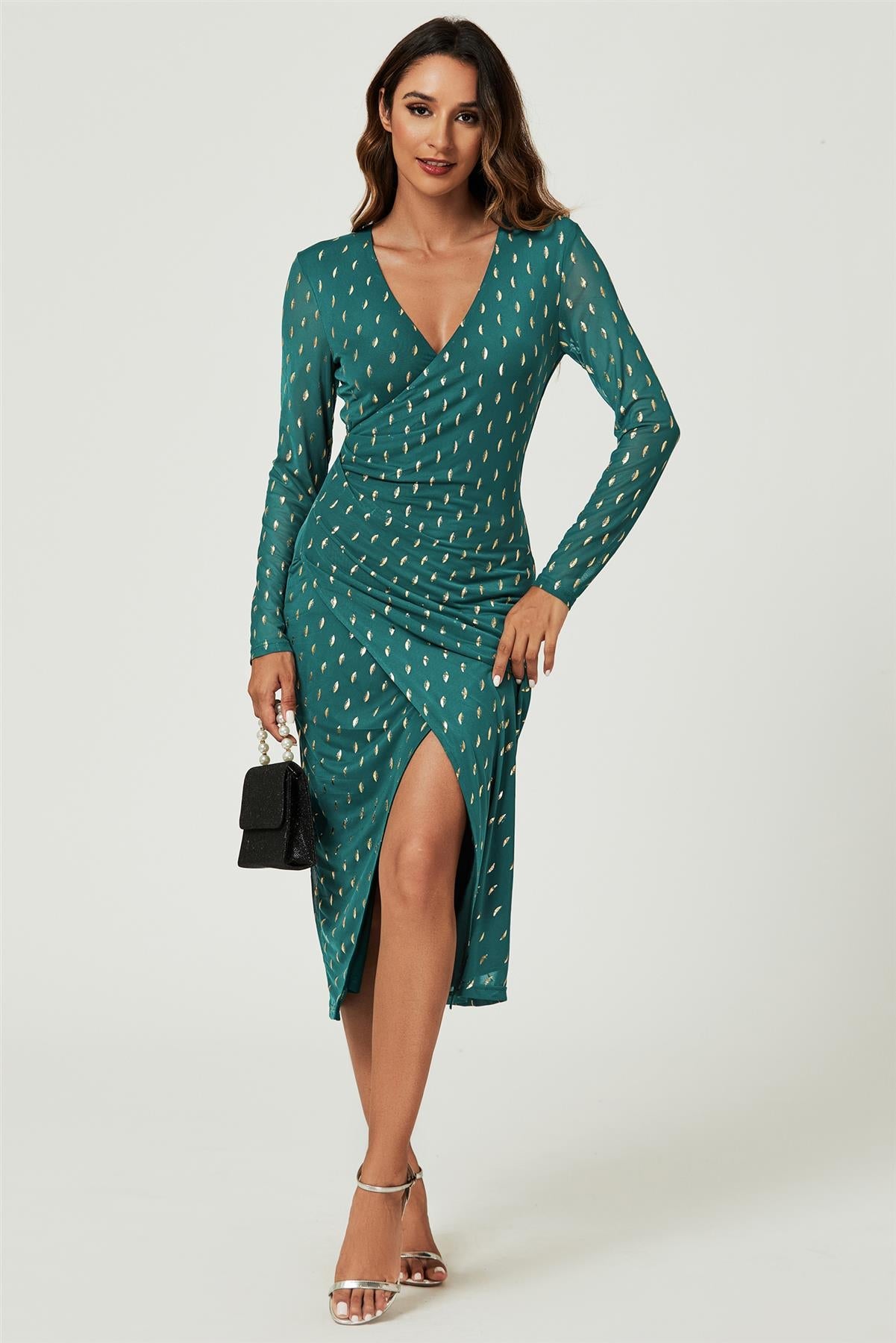 Foil Mesh Long Sleeve Midi Dress In Green FS740-GreenFoil