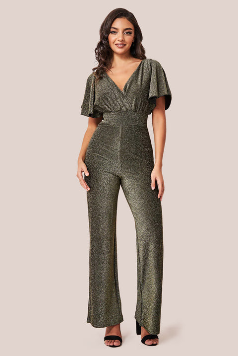 Goddiva Lurex Wrap Style Jumpsuit - Gold