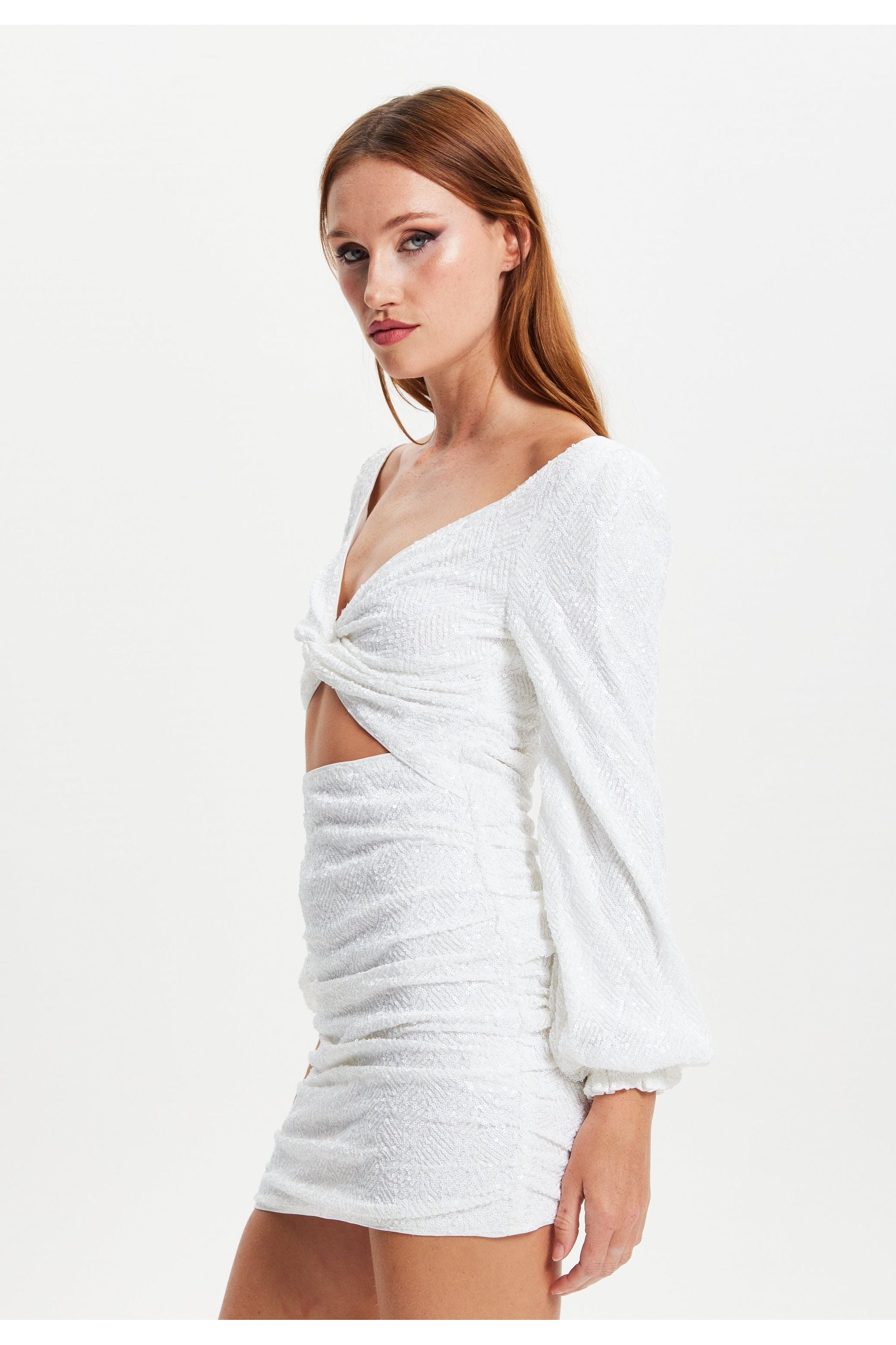 White Sequin Long Sleeve Cut Out Mini Dress DML031