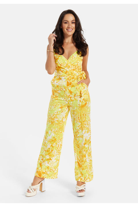 Yellow And Orange Floral Print V Neck Jumpsuit LIQ23SS102