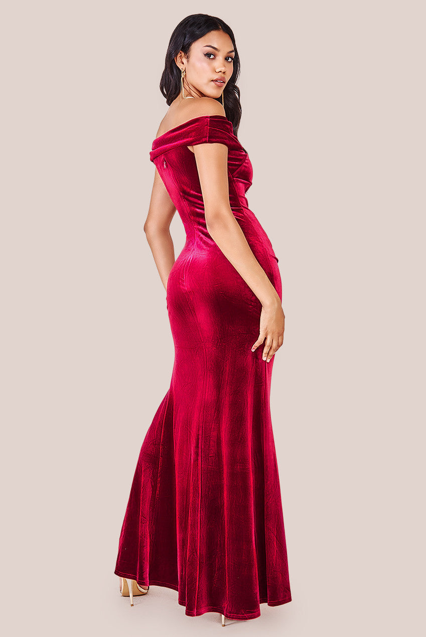 Burgundy bardot prom dress best sale