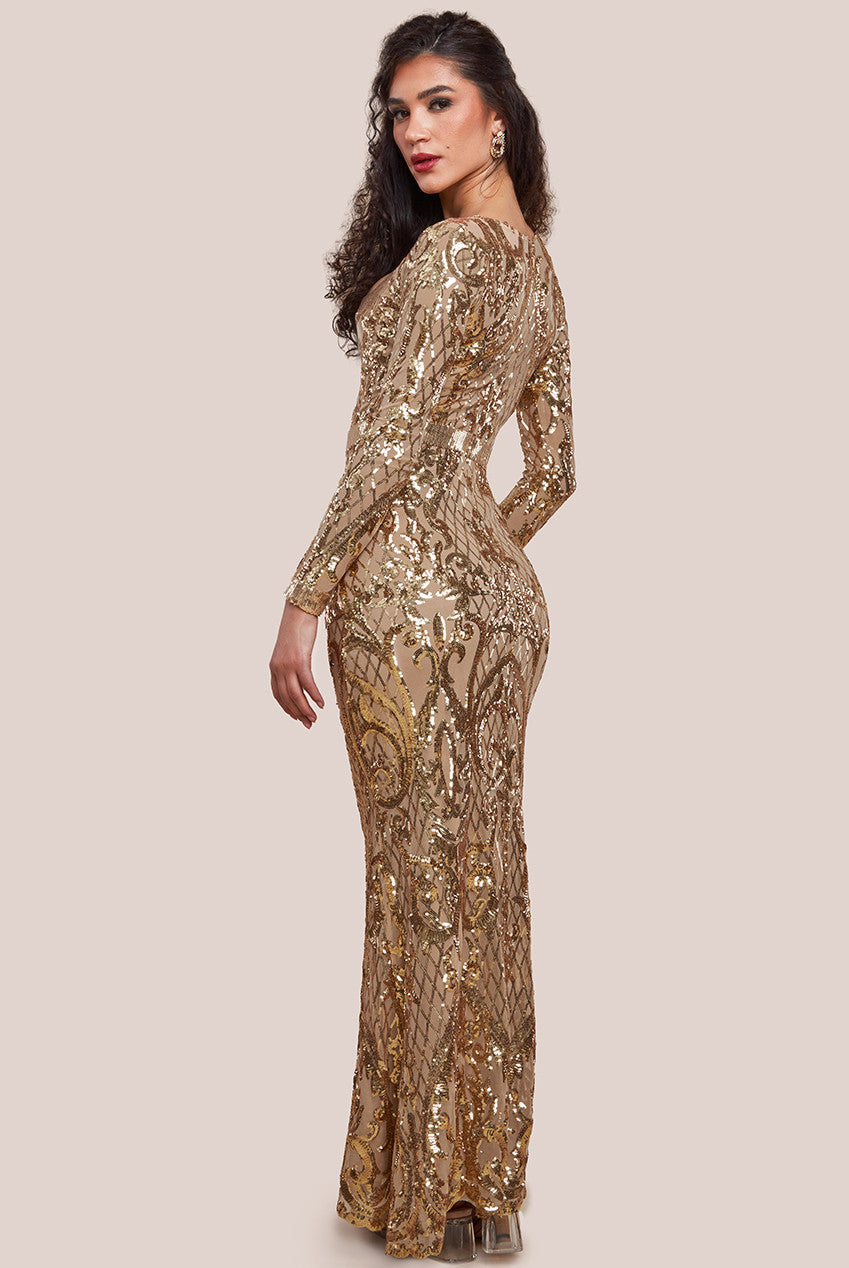 Sequin Square Neck Maxi With Scallop Hem - Gold DR4038