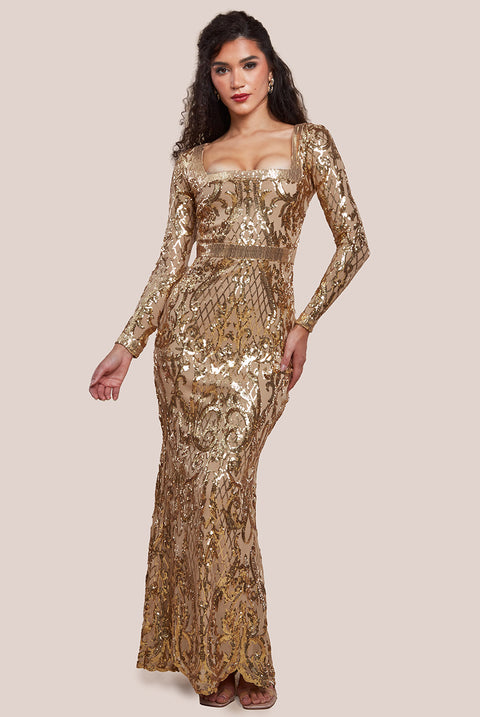 Sequin Square Neck Maxi With Scallop Hem - Gold DR4038