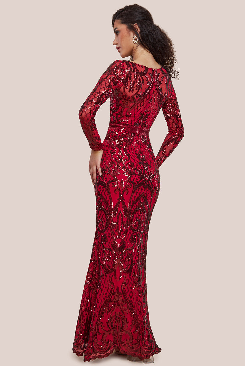 Sequin Square Neck Maxi With Scallop Hem - Red DR4038