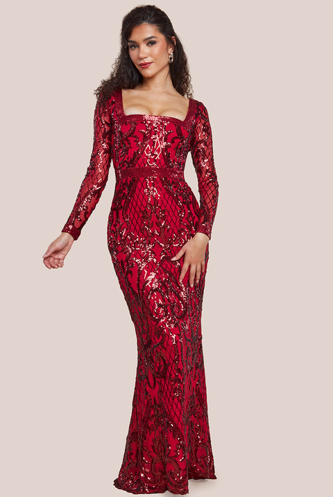 Sequin Square Neck Maxi With Scallop Hem - Red by Goddiva