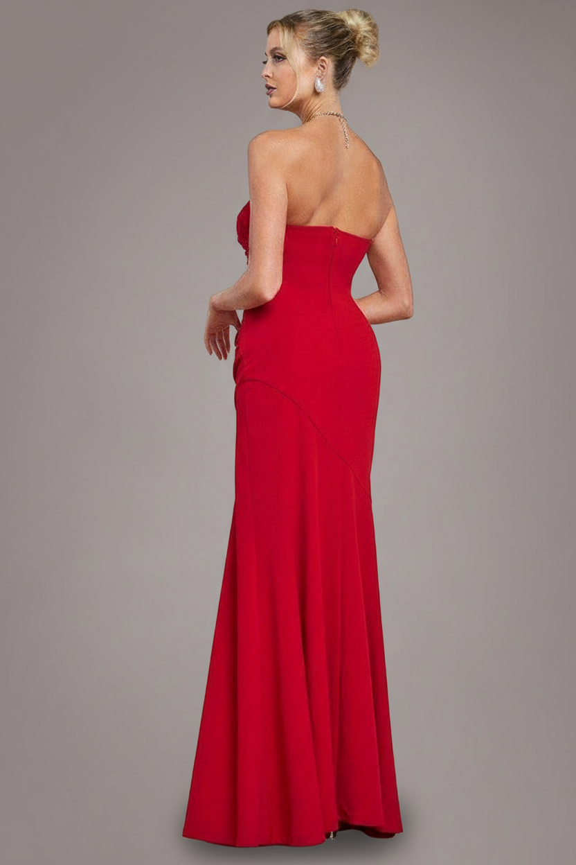 Scuba Crepe Bandeau Maxi With Diamante Necklace - Red DR4271
