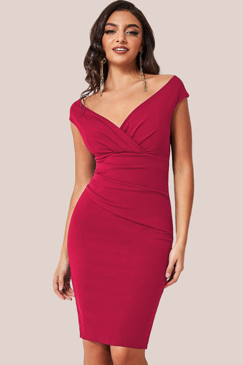 Bardot Pleated Midi Dress - Wine by Goddiva